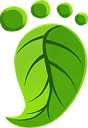 Illustration of a green leaf with dots above, that looks like a footprint