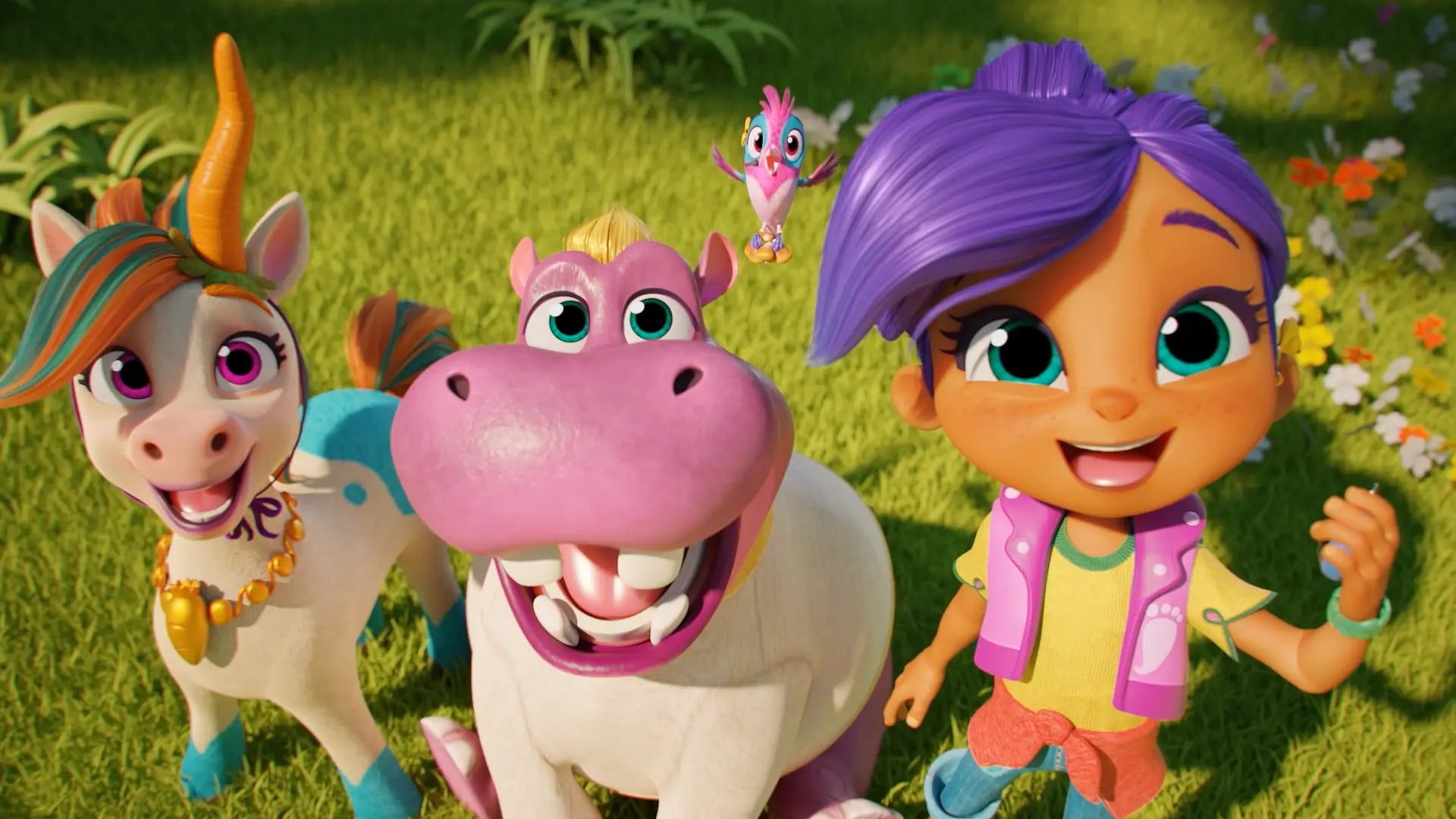 Three animated characters with colorful hairstyles and outfits standing on grass with flowers.