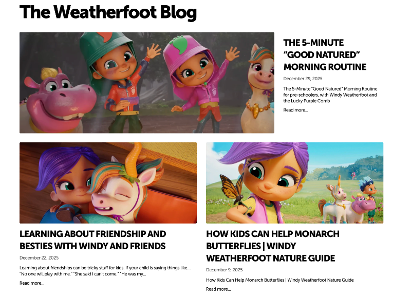 Windy Weatherfoot Blog with animated characters and fun for kids of all ages