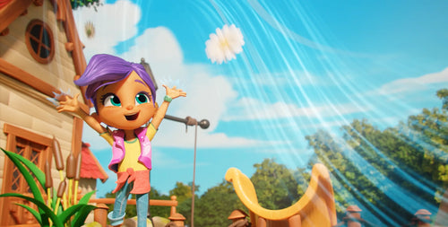 Animated character with purple hair standing on a wooden platform with a microphone, surrounded by nature.