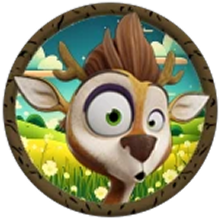 Circular badge with a cartoon deer character in a natural setting