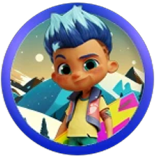 Circular icon with a character with blue hair and colorful outfit against a mountainous background.