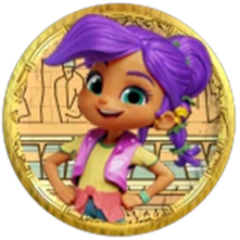 Character with purple hair on a gold coin-like background