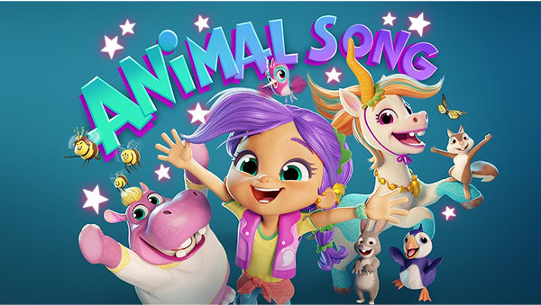 Cartoon characters with 'Animal Song' title on a blue background